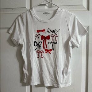 Abercrombie & Fitch White Tee with Red and Black Bow Accents